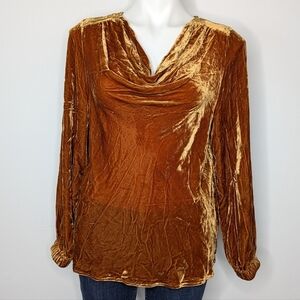 Sundance Burnt Yellow Orange Crushed Velvet Long Sleeve Gathered Neck Top S